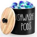 Dishwasher Pod Holder, Black Rustic Round Laundry Pods Container, Dishwasher Tablet Container for Kitchen Decor, Laundry Room Organization and Storage Containers with Wooden Lids