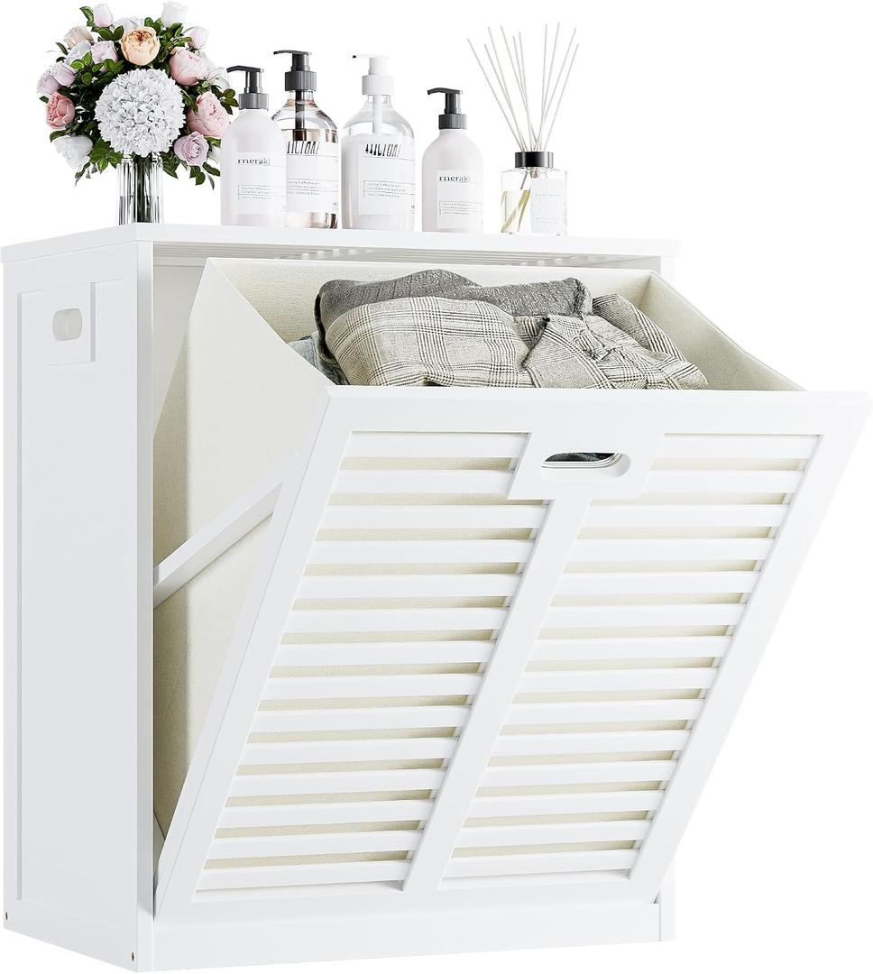HITNET Tilt Out Laundry Hamper Cabinet, Bathroom Laundry Cabinet with 20 Gallon Clothes Basket, Space Saving Freestanding Bamboo Storage Organizer for Towels and Toys, White, 21.26" L 13.78" W 25.2" H