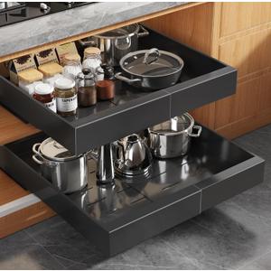 Seinloes 4 Pack Expandable Pull Out Cabinet Organizer 21"Deep With Raising Pad for Framed Cabinets,Upgrade 3 Slide Rails Slide Out Drawers,Roll Out Shelves Adhesive,Adjustable Width 15.15"-26.3" Black