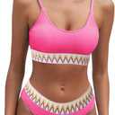 Fanuerg Women's Ribbed Bikini Sets Scoop Neck Cheeky Swimsuit Textured Two Piece Bathing Suit (Hot Pink1)