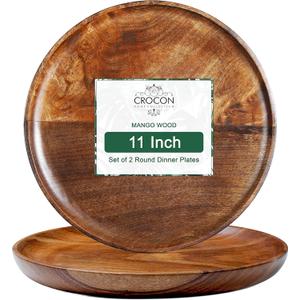 Mango Wood Dinner Plates, Round Serving Plate Set of 2, Cheese and Coffee Tea Serving Tray, Fruit Platters for Party Dinner, Wood Plates for Snacks and Dessert, 11 Inch