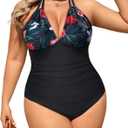 Aqua Eve Plus Size Swimsuits One Piece Bathing Suit for Women Tummy Control Sexy Halter Swimwear Black Floral 14W