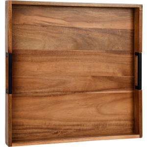Large Square Ottoman Tray for Living Room and Coffee Table, Decorative Acacia Wood Serving Tray with Metal Handles for Breakfast in Bed, Dinner Food Kitchen TV (Natural, 17" x 17" x 2")