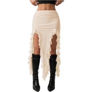 Verdusa Women's Lace Asymmetrical Skirt High Slit Boho Western Flowy Skirt Concert Rave Outfits (Beige, S)