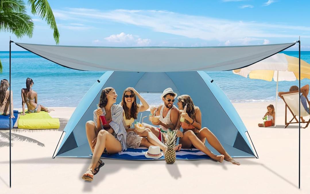 Beach Tent Sun Shelter with Canopy, Portable Sun Shade for 4-6 Person,Easy Setup Beach Shade with UPF 50+ UV Protection, Beach Cabana with Silver Coating for Family Outdoor