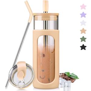 kytffu Glass Cups With Lids and Straws, 24 oz Iced Coffee Cup, Bamboo Lid Smoothie Cup With Silicone Sleeve, Clear Water Tumbler with Straw and Lid, To Go Glass Water Bottles, Amber (Amber3)