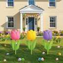 DoubleFill 3 Pcs Easter Decorations Outdoor 3D Metal Easter Eggs Tulip Yard Signs Decorative Garden Stakes Eggs Bunny Lawn Decorations Yard Decor for Spring Lawn Pathway Garden(Tulip Style)