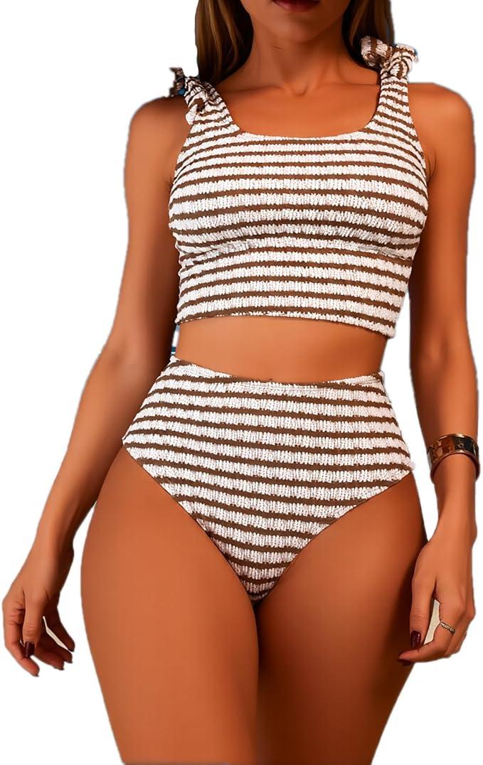 Striped Bow Tie Swimsuit Women High Waisted Two Piece Bathing Suit Round Neckline Sexy Beach Vacation Swimwear, M