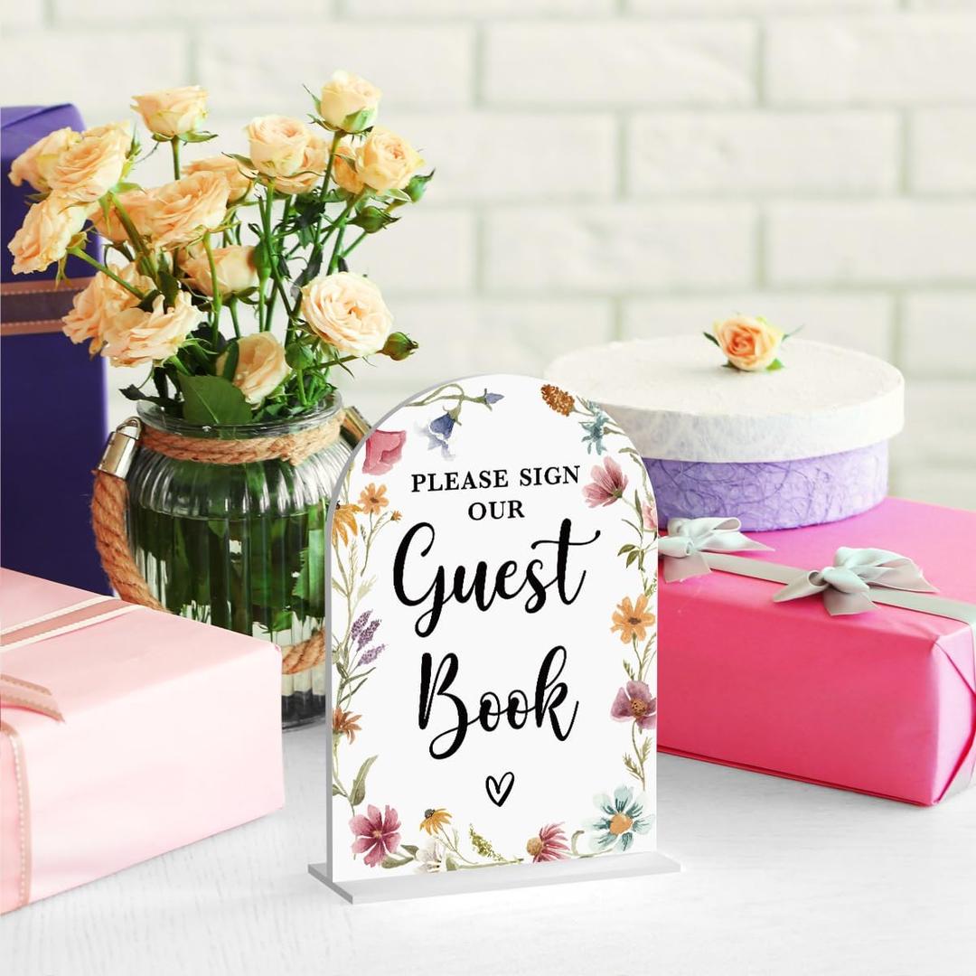 Acrylic Wedding Sign Please Sign Our Guestbook Signs for Ceremony Modern Calligraphy Arch Acrylic Table Top Signs for Wedding Reception and Event Party Table Decor (White Wildflowers)