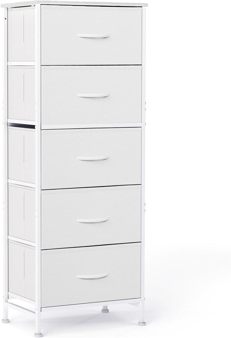 Sweetcrispy 5 Drawer Dresser with Fabric Bins Steel Frame Wood top Storage Chest for Bedroom Closet Hallway White Compact Organizer Durable Home Storage Solution
