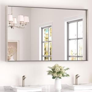Keonjinn 48 x 30 in Brushed Nickel Bathroom Vanity Mirror, Rectangular Silver Metal Framed Wall-Mounted Mirror Square Corner Modern Farmhouse Rectangle Mirror for Over Sink(Horizontal/Vertical)