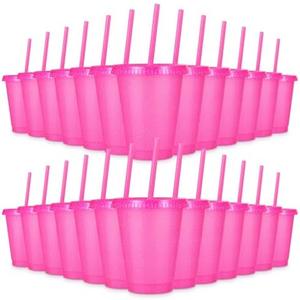 LEIFEOSH Plastic Tumblers with Lids and Straws, Reusable Cups with Lids Plastic Colorful Cups for Party Birthday, Iced Coffee Cup Travel Mug Cold Drink Tumblers Bulk (16 oz, Pink)