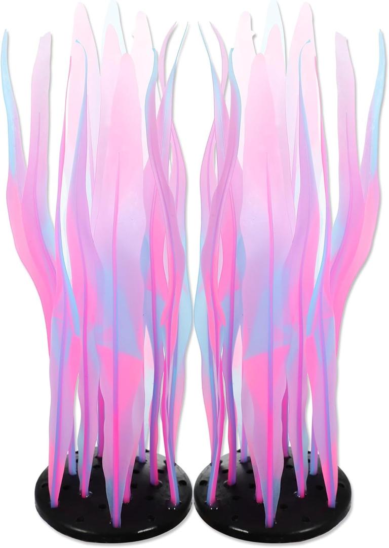 Aquarium Glowing Kelp Plant, Soft Silicone Glowing Fish Tank Decorations, Fluorescence Coral Decor for Aquarium Decor Pink 2pcs