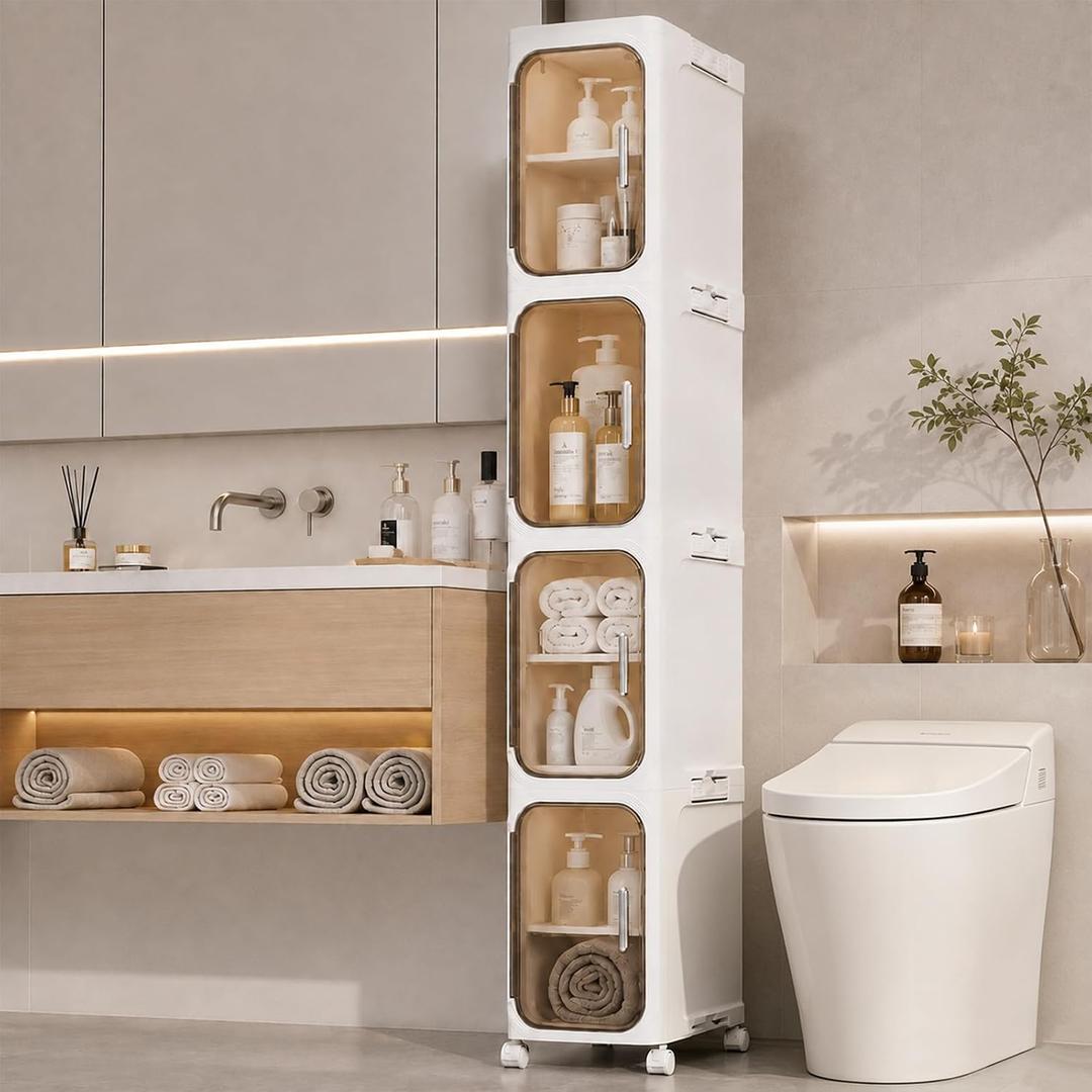 4-Tier Slim Bathroom Storage Cabinet, Tall Narrow Storage Cabinet with Movable Wheels, Adjustable Shelves, Skinny Bathroom Storage Organizer for Small Space, Bathroom, Kitchen, Laundry, Cream White