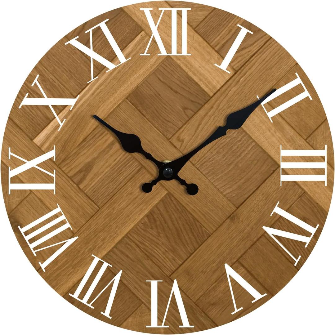 Silent Wall Clock, Roman Numerals Wall Clock Battery Operated, Vintage Non-Ticking Round Rustic Wall Clock Decorative for Living Room Kitchen Home Office 12 Inch (Brown, White)