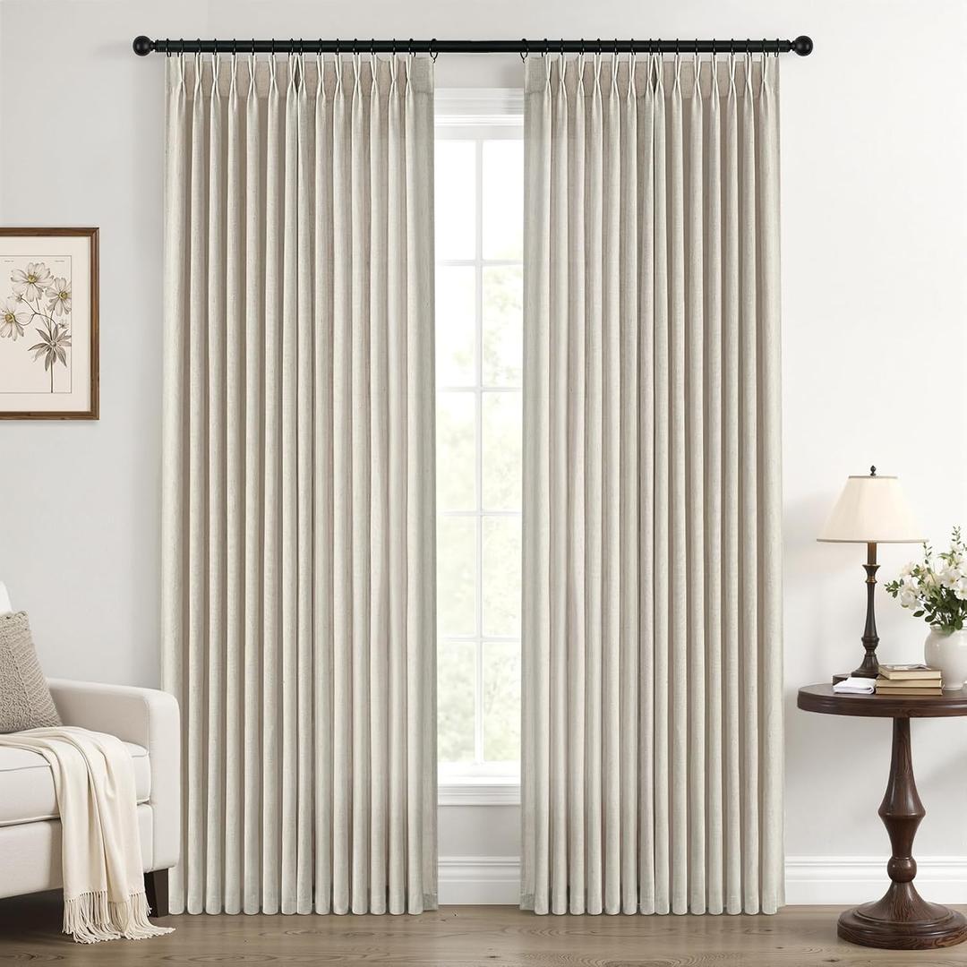 Pleated Linen Curtains 90 Inches Long for Living Room 2 Panels Rustic Farmhouse Thick Linen Textured Pinch Pleat Hooks Rings Back Tab Floor to Ceiling Semi Sheer Drapes Bedroom 90 Inch Oatmeal Khaki