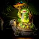 Turtle Solar Garden Statues 11" Garden Statue Outdoor Decor Animal Siting on Turtle Holding Mushroom Figurines with Solar Light Sculpture for Garden Indoor Patio Yard Lawn Decorations (Vivid Style)