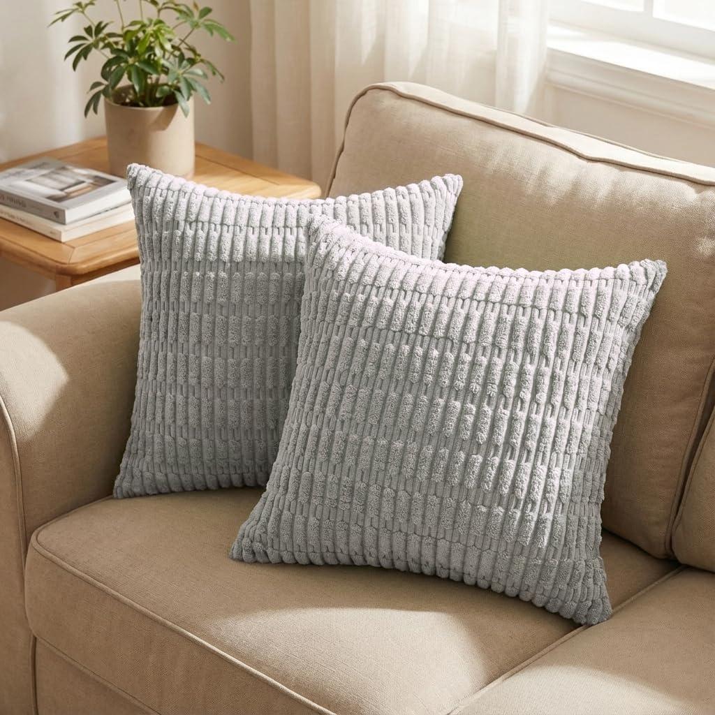 QUORGVES Light Grey Corduroy Pillow Covers 20x20 Inch Set of 2, Soft Striped Decorative Square Throw Pillow Covers, Decor Cushion Covers for Bed Sofa Couch Bedroom Living Room - Light Gray
