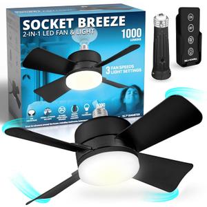 Bell+Howell Socket Breeze Socket Fan Light with Remote, Portable Small Ceiling Fans with Lights for Bedroom, Kitchen, Living Room, Ceiling Fan with Light 3500K, 1000 Lumens, Screws into E26/E27 (Black) Bell+Howell Socket Breeze Socket Fan Light with Remote, Portable Small Ceiling Fans with Lights for Bedroom, Kitchen, Living Room, Ceiling Fan with Light 3500K, 1000 Lumens, Screws into E26/E27 (Black)