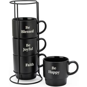 Signature Housewares Be Happy - Juego de 4 tazas de caf apilables de cermica con estante de metal, tazas de caf de 15 onzas para caf, t, chocolate caliente, leche, juego de 4, negro mate