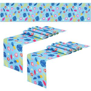 2 Pcs Cartoon Hawaii Tablecloths Tropical Palm Leaves Tablecloth Blue Hibiscus Birthday Party Table Runner 72 x 13 Inch Blue Table Covers for Birthday Party Supplies
