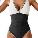 B2prity One Piece Swimsuit for Women Tummy Control Ruched Bathing Suit Push Up Tie Back Swimwear Shell Stitched (L,  Black, White Splicing)
