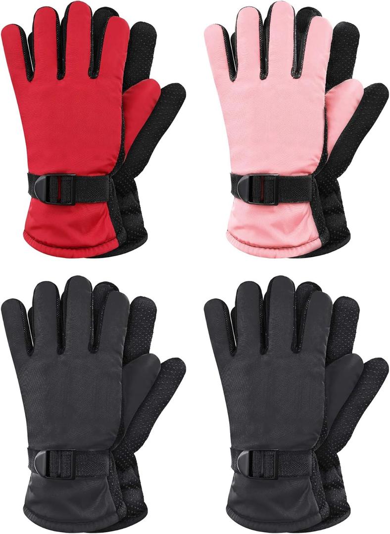 Hicarer 4 Pairs Winter Gloves for Kids Waterproof Snow Ski Gloves Girls Boys Warm Unisex Youth Clothes for Cold Weather (10 - 15 Years, Red, Pink, Black)