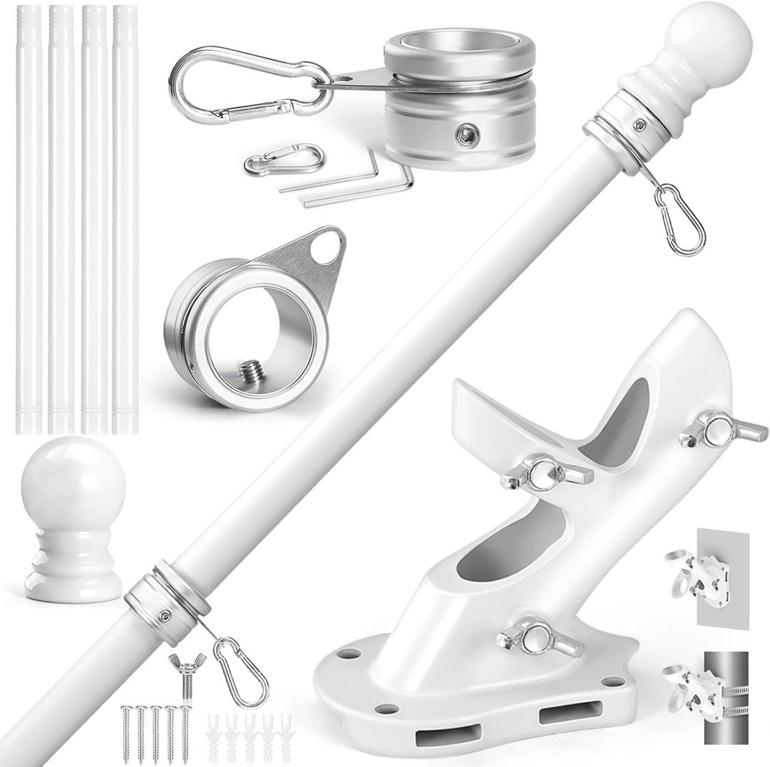 Anovo Flag Pole Kit- Upgraded Holder, Stainless Steel 5 FT Flag Poles with1 Inch Metal 360 Rotating Flag Pole Rings Two-Position Flag Pole Bracket Mounting for Outside House Porch (5 FT - White)