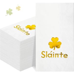 Funrous 100 Pcs St. Patrick's Day Guest Napkins Foil Gold Slainte Shamrock Paper Napkin White Irish Disposable Hand Towel for St Patrick Irish Party Dinner Bathroom Decoration Supplies (100, Slainte)