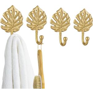 MyGift Vintage Gold Leaf Design Wall Hanging Hooks, Metal Monstera Leaves Wall Mounted Entryway Storage Coat Hooks, Set of 4  Handcrafted in India
