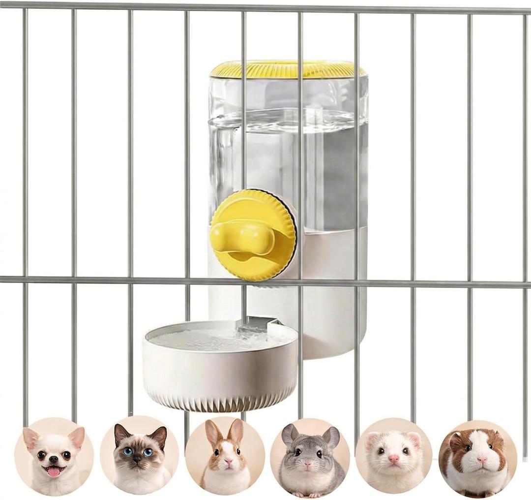 Auto Gravity Siphon Water Dispenser for Cage Hanging, 34OZ Capacity Hanging Automatic Pet Cage Waterer, Water Bowl for Cats Dogs Rabbit Ferret Chinchilla Bird Hedgehog Guinea Pig (Yellow)