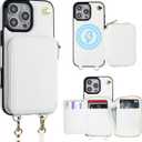 Bocasal for MagSafe Crossbody Wallet Case Compatible with iPhone 16 Pro Max, RFID Blocking Protective Purse Case with Card Slots Holder Kickstand Wrist Strap Lanyard Zipper 6.9 Inch 5G (White)