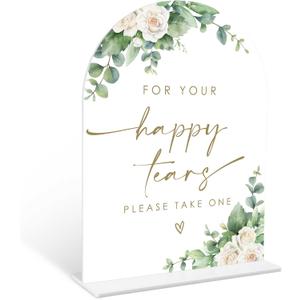 Eucalyptus Rose Happy Tears Tissue Sign, 6 x 8 Inch White Arch Acrylic Wedding Sign with Holder, Wedding Sign for Ceremony and Reception, Wedding Decoration, Wedding Supplies - AM25