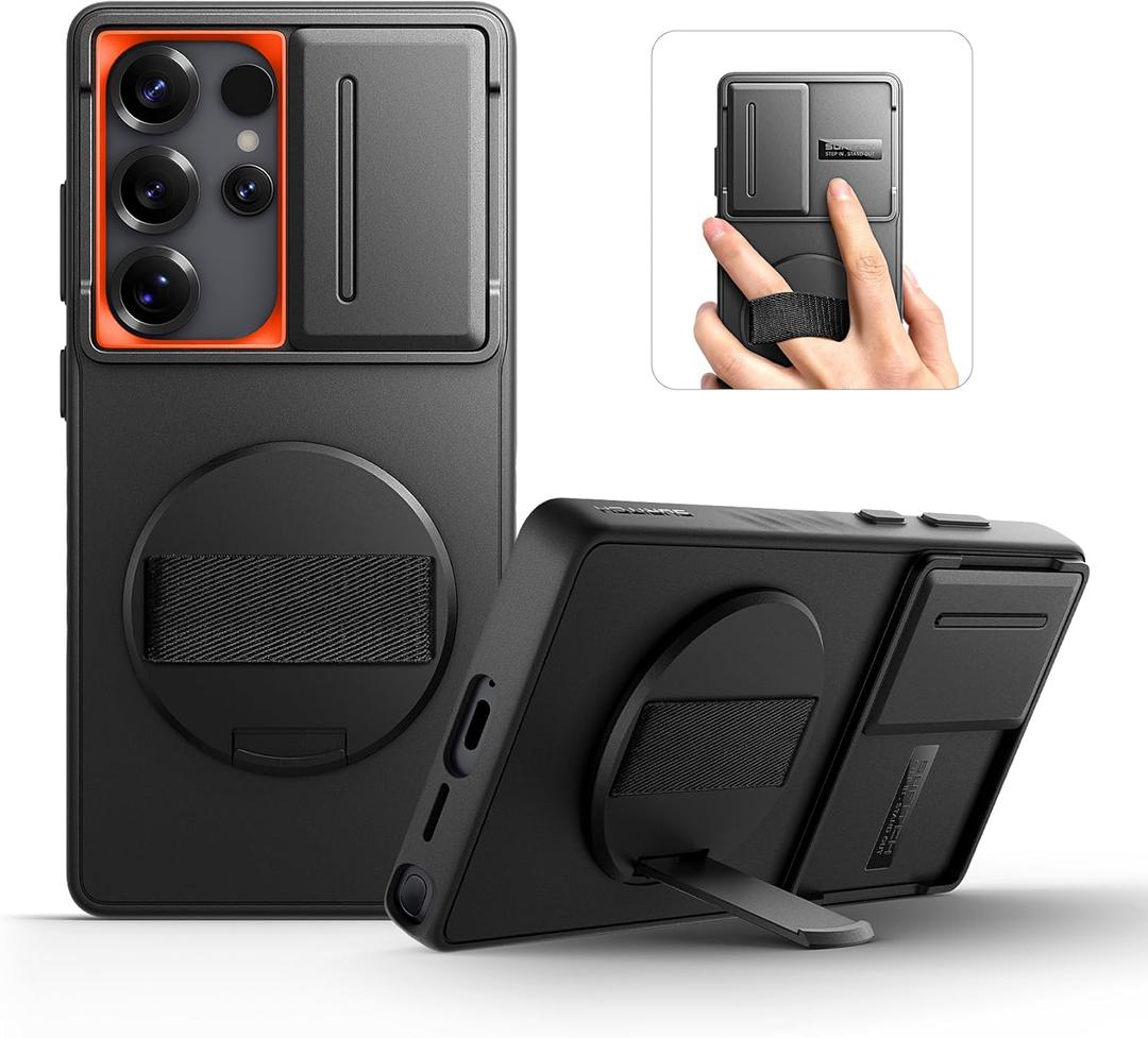 SURITCH for Samsung Galaxy S25 Ultra Case with 360° Rotatable Hand Strap Phone Grip & Invisible Kickstand & Slide Camera Cover, Rugged Shockproof Protective Cover for S25 Ultra Black