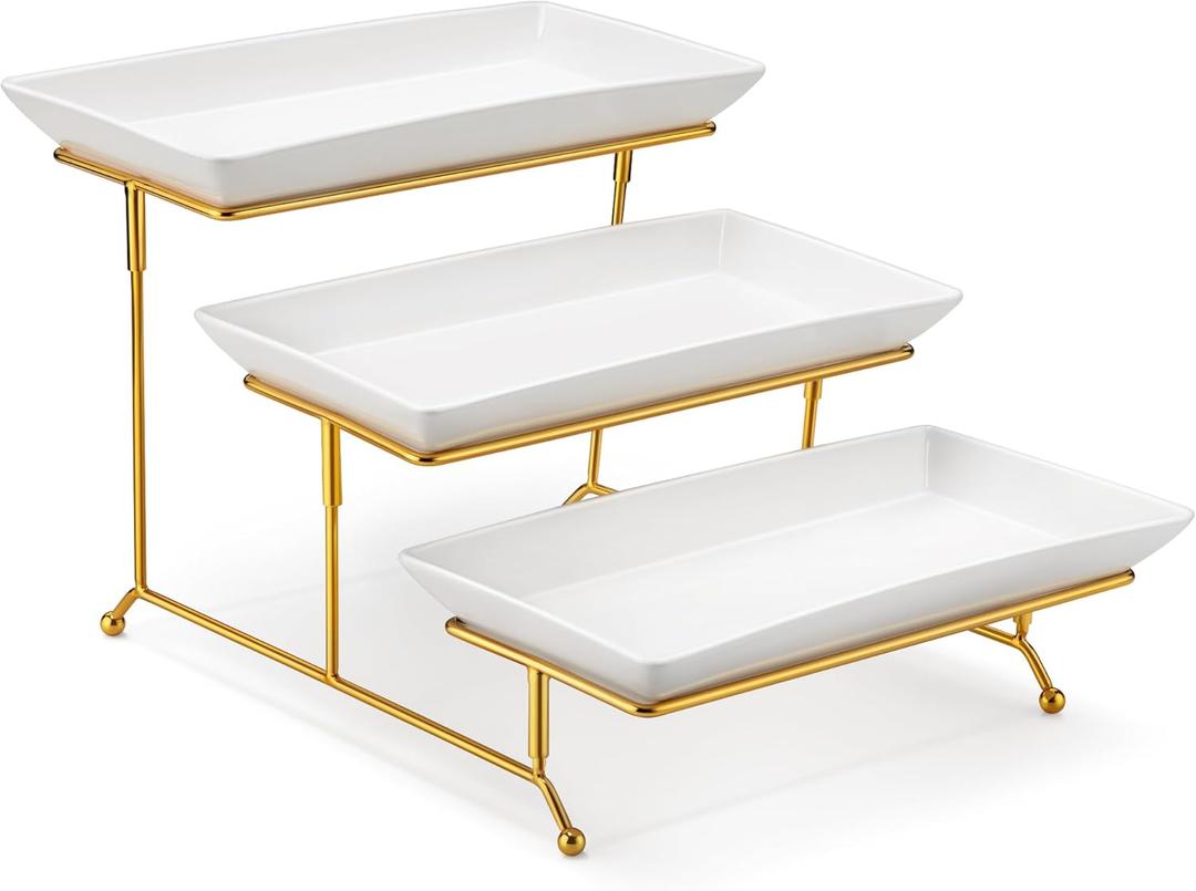 MALACASA 3 Tier Serving Trays for Party, 12 Inch Porcelain White Trays for Serving Food, Dessert Stand with Collapsible Gold Metal Rack