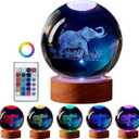 DIGFPWT Elephant Crystal Ball Lamp, 3.15 inch, Night Light with Wooden LED Base, Glass Ball with USB, Remote Control, 16 Color Change, Gift Box (Clear)