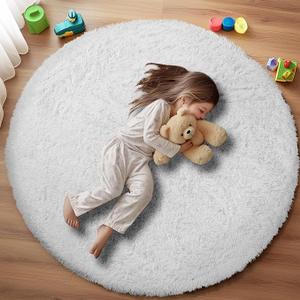 White Round Rug, 3x3 Fluffy Circle Area Rugs for Bedroom, Soft Plush Rugs for Living Room, Non-Slip Indoor Carpet for Nursery, Study Room, Playroom, Home Decor