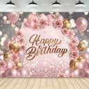 Rose Gold Happy Birthday Backdrop 7Wx5H Photography for Girls Women Pink Floral Flower Balloons Arch Modern Elegant Background Aesthetic Party Decorations Banner Photo Booth Props Supplies