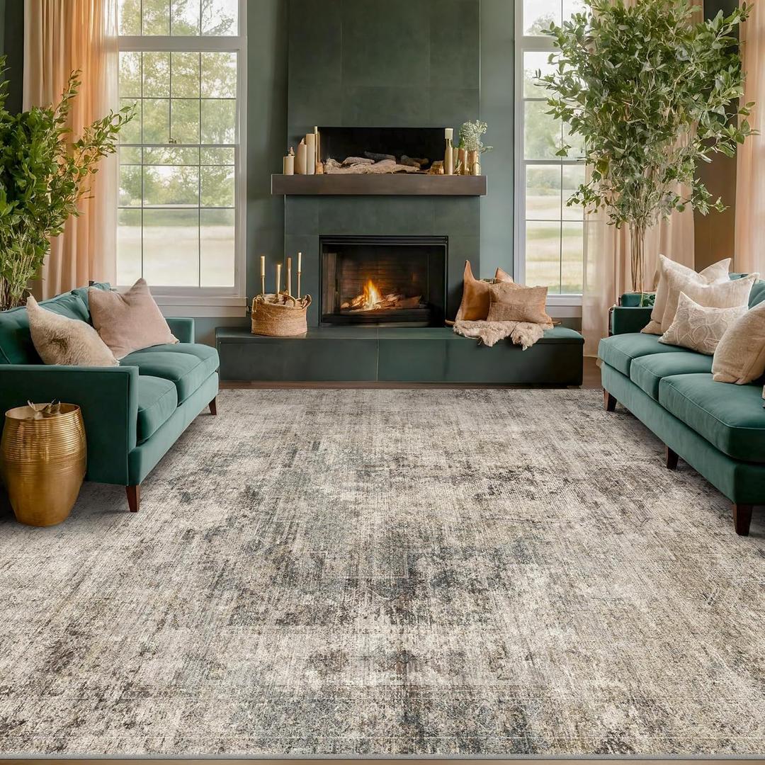 Taupe Brown Extra Large Area Rug for Living Room 10x14 Modern Farmhouse Rustic Washable Rug for Dining Room & Bedroom, Non-Slip Foldable Dark Academia Dcor