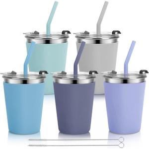 Stainless Steel Kids Cups with Lids and Straws Leakproof, 5 Pack 12oz Spill Proof Cups for Toddlers Kids Tumblers Unbreakable Sippy Cup with Straws for School, Outdoor (Green, Light Gray, Blue, Gray, Purple)