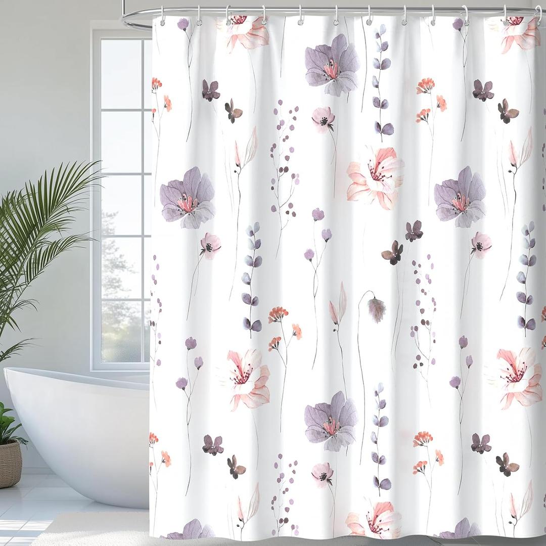 QiyI Watercolor Floral Shower Curtain with Hooks, 72 x 72, Dusky Purple, 72L x 72W inches