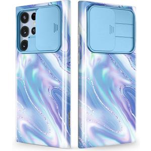GVIEWIN Designed for Samsung Galaxy S22 Ultra Case with Slide Camera Cover, [Military Grade Drop Protection] Marble Slim Fit Shockproof Protective Phone Case for S22 Ultra 5G 6.8" (Aurora/Azure Blue)