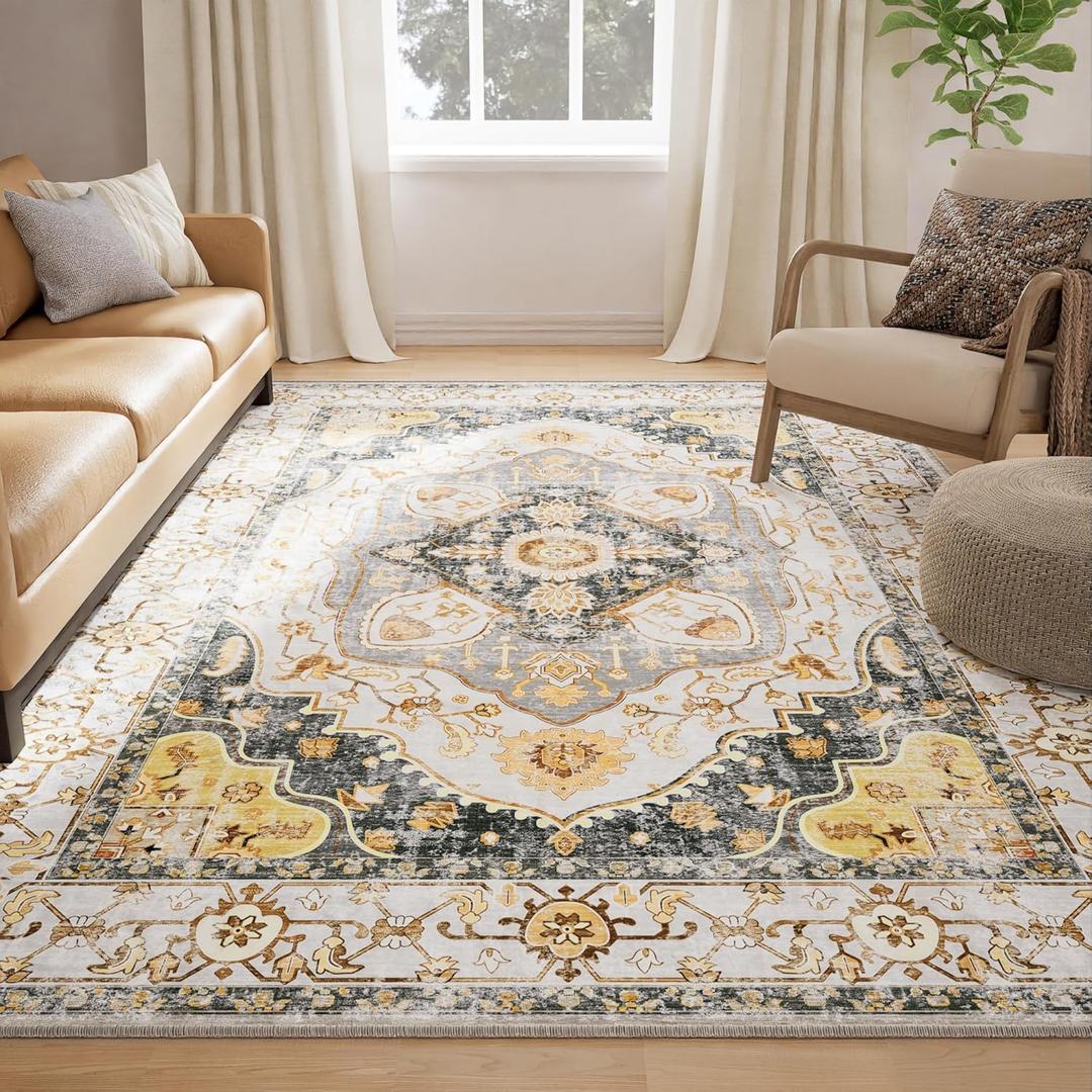 5x7 Area Rug Vintage Machine Washable Low Pile Carpet No Shedding Area Rugs for Living Room Bedroom Dining Room Kitchen Entryway Hallway Office Indoor-Grey/Yellow