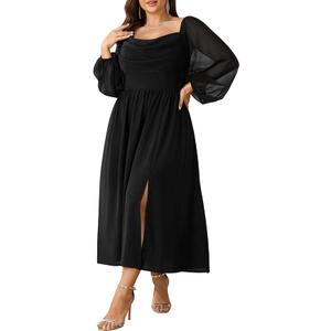 Women's Plus Size Dress Chiffon Long Sleeve Cowl Neck Wedding Guest Cocktail Party Maxi Dress (XX-Large Plus, Black)
