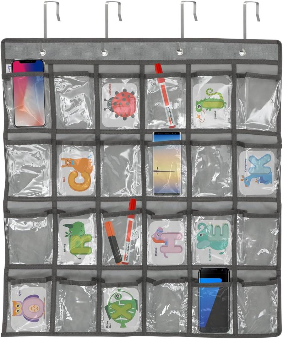 NUOBESTY Wall Hanging Bag with 24 Numbered Pockets for Mobile Phones and Jewelry Hanging Storage Organizer with Metal Hooks for Office Classroom Home