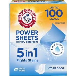 Arm & Hammer Power Sheets Laundry Detergent, Fresh Linen 50ct, up to 100 Small Loads