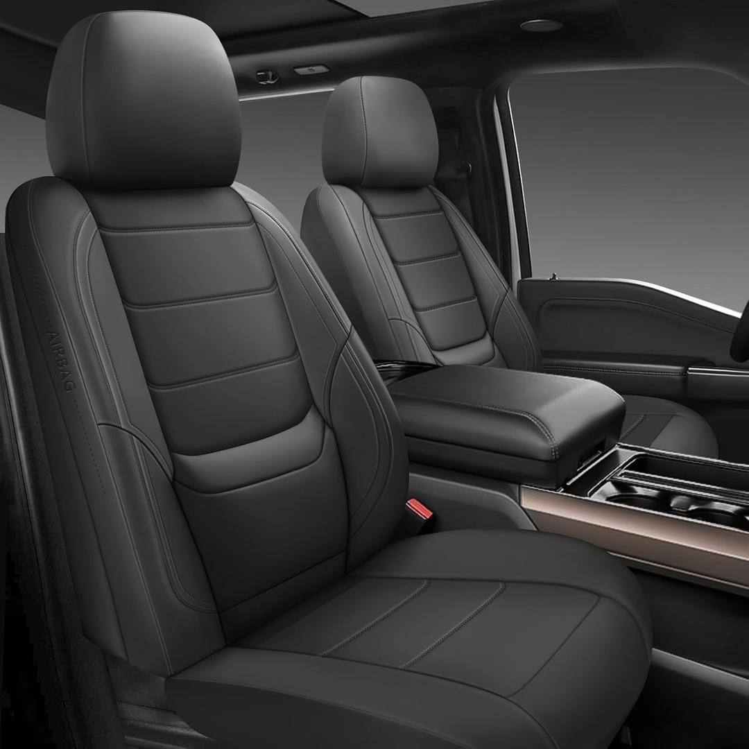 BABYBLU Leather Car Seat Covers,Universal 2 Pcs Front Seat Covers for Cars,Waterproof Automotive Seat Covers for Most Vehicles SUV Pick-up Truck (Black, Full Set)