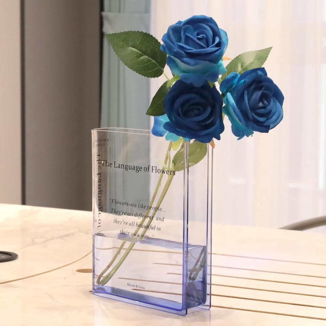 Alpharan Book Vase for Flowers Home Decor, Acrylic Clear Book-Shaped Flower Vase with Artistic and Cultural Flavor for Home and Office, Blue Small Vases for Centerpieces, Gifts for Book Lovers