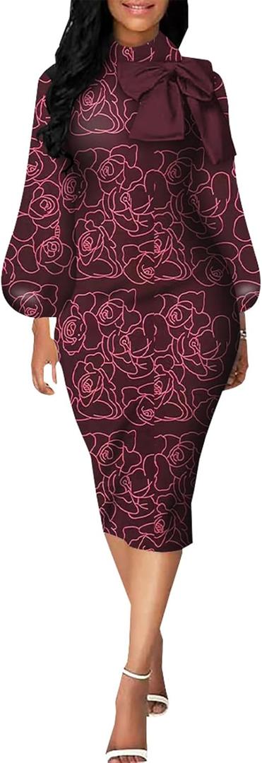BestGirl Women's Bishop Sleeve Bodycon Dresses Work Casual Floral Print Pencil Midi Dresses (Small, E Burgundy)