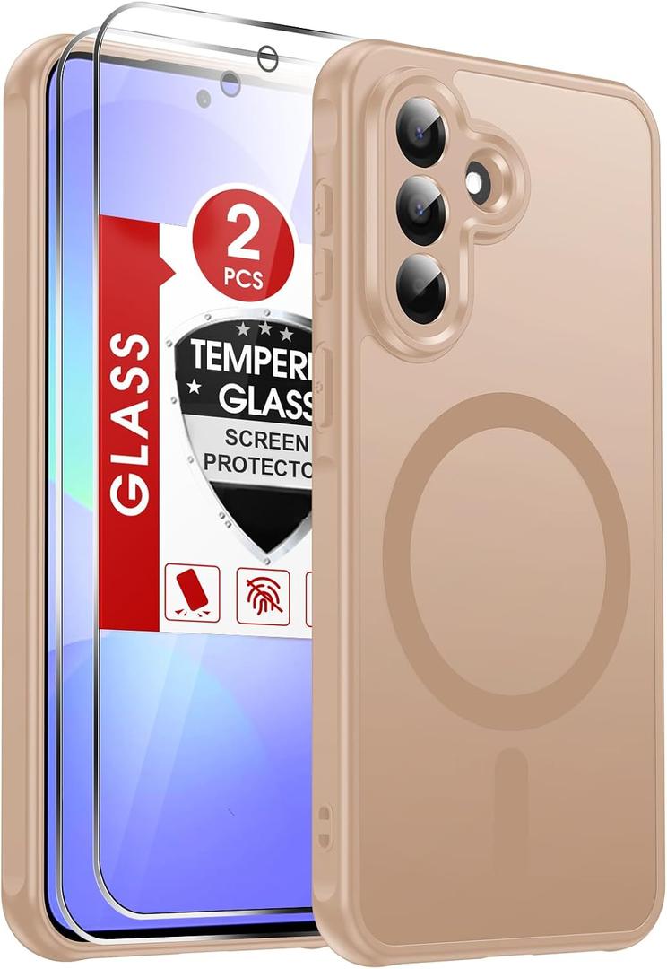 LeYi for Galaxy A37-5G Phone Case: Samsung Galaxy A37 5G Case with [2 Packs] Tempered Glass Screen Protector, [Magnet Fit] Matte Translucent Soft-Touch & Full Body Shockproof Funda para A 375G, Gold
